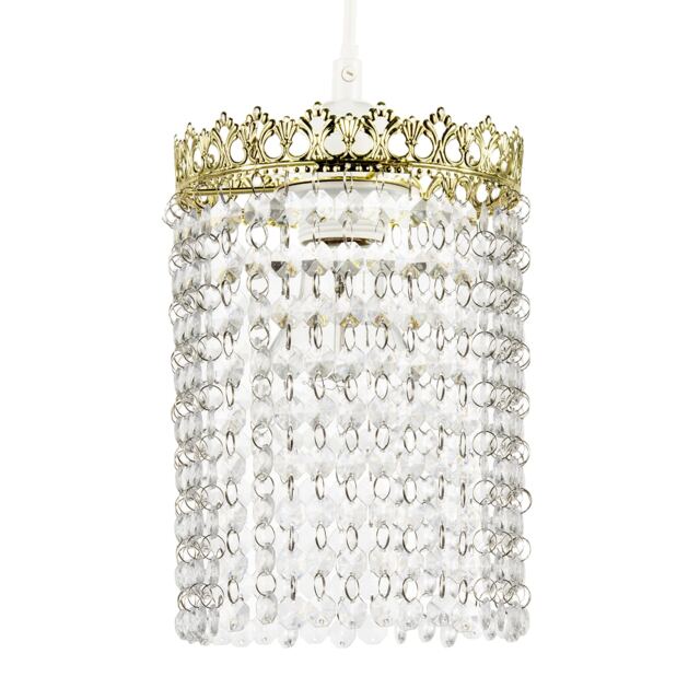 Polished Gold Crown Pendant Light Shade with Strings of Clear Beads