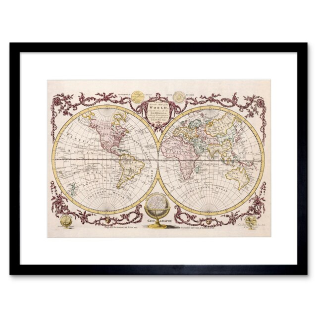 "Vintage World Map Hemisphere Geography 9x7"" Black Framed Wall Art Print"