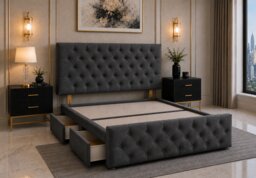 Divan Bed with Upholstered Headboard & Footboard Base 4FT6 Double Grey Linen No Storage