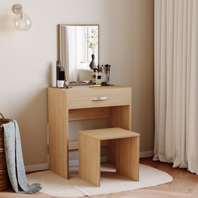Vida Designs Isla Dressing Table 1 Drawer Mirror & Stool Set Vanity Makeup Desk, Pine