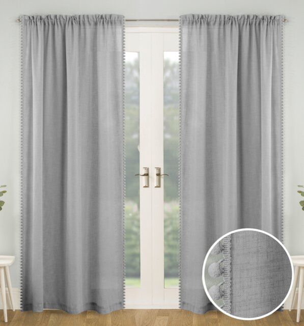 Pair of Tahiti Grey Pom-Pom Trim Linen Look Voile Panels with Rod Pocket Header 137 CMS