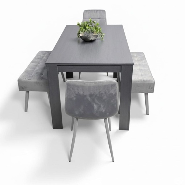 Dining Table with 4 Chairs and 2 Benches Dark Grey Wood Table Grey Velvet Chairs
