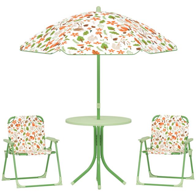 AIYAPLAY Children Table and Chair Set with Adjustable Parasol, 2 Folding Chairs, Picnic Table, Rainbow Pattern Outdoor Patio Set, for Ages 2-5 Years, Green Green Green