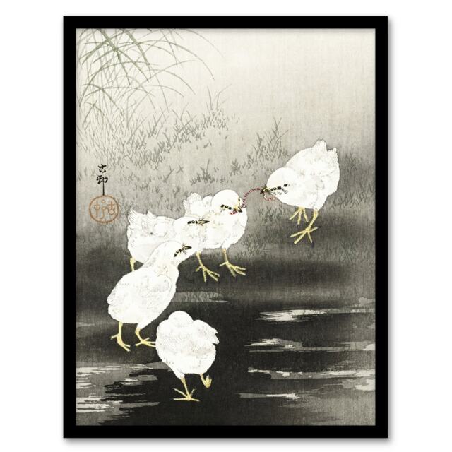 "Chicks Birds Worms Vintage Japan Framed Wall Art Print Ohara Koson 12x16"""