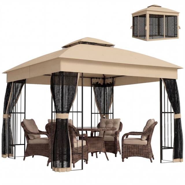 Outsunny 3 x 3 m Garden Gazebo with Shelves, UPF50+ Permanent Gazebo Brown Brown 300 x 300 x 275 cm
