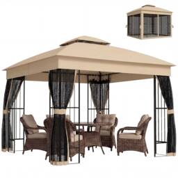 Outsunny 3 x 3 m Garden Gazebo with Shelves, UPF50+ Permanent Gazebo Brown Brown 300 x 300 x 275 cm
