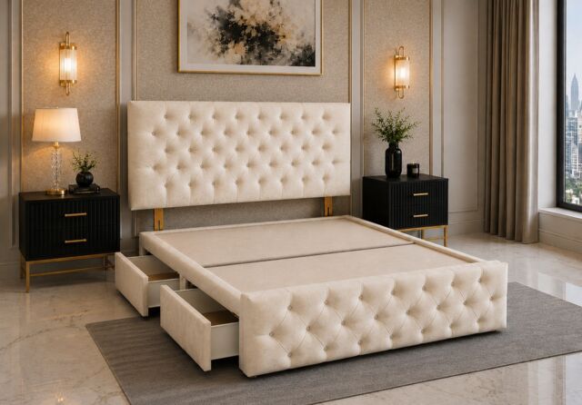 Divan Bed with Upholstered Headboard & Footboard Base 4FT Small Double Cream Plush 4 Drawers