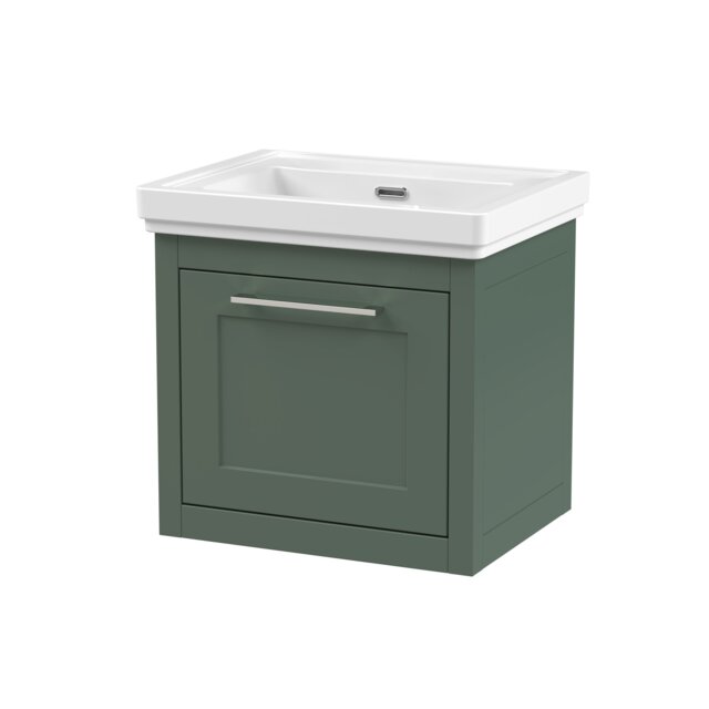 Balterley Traditional Bathroom Wall Hung 1 Drawer Vanity Unit and 0 Tap Hole Fireclay Basin Green Forest Green