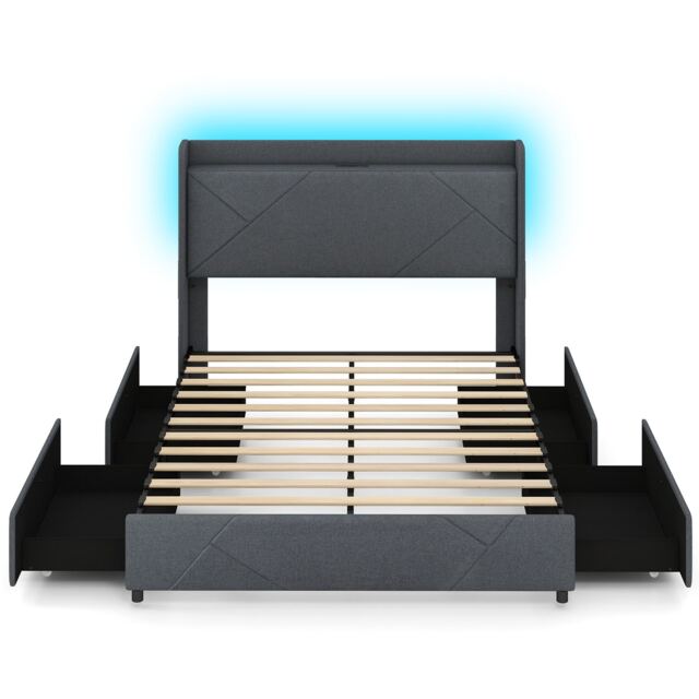 COSTWAY King Size 5FT Bed Frame Upholstered Platform Bed with LED Lights