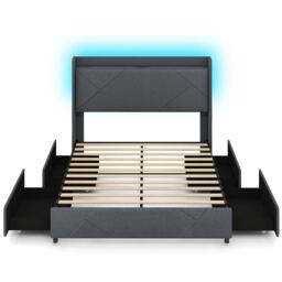 COSTWAY King Size 5FT Bed Frame Upholstered Platform Bed with LED Lights