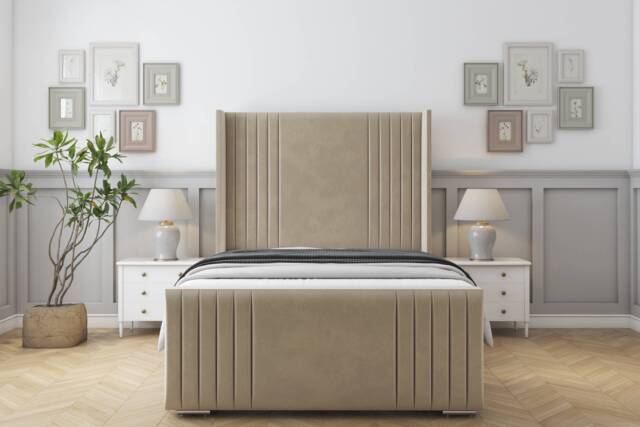 "Sloomy Camden Almond Coniston Bed Frame With Mattress With 50"" Upholstered Wingback Headboard 6' Super King"