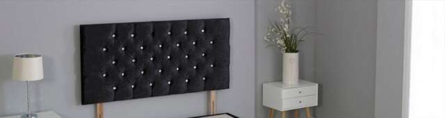 "Black Crush Velvet Chesterfield Crystal Button Headboard Black 4FT6 Double 26""inch Headboard"