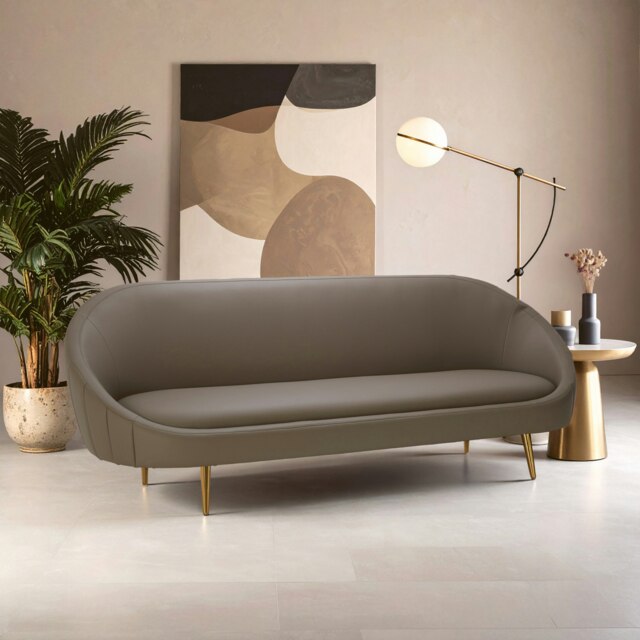 Silhouette Mink Sofa,Decorative Curved Sofa With Brown Faux Leather Upholstery,Gold Finished Couch Seat Brown Two Seater