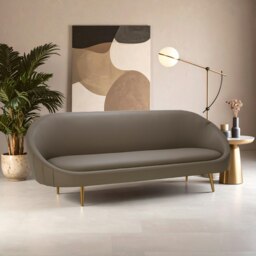 Silhouette Mink Sofa,Decorative Curved Sofa With Brown Faux Leather Upholstery,Gold Finished Couch Seat Brown Two Seater