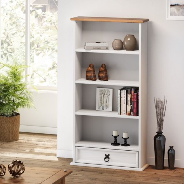 Corona Painted White 1 Drawer DVD Rack Bookshelf 4 shelf Open Media CD Storage Unit Solid Wood Pine Wooden with Mexican Styling