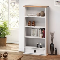 Mercers Furniture Corona White 1 Drawer DVD Rack Bookshelf 4 shelf Open Media CD Storage Unit Solid Wood Pine Wooden with Mexican Styling