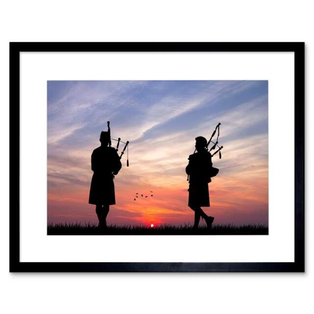 "Photo Silhouette Sunset Scottish Pipers 12x16"" Framed Wall Art Print"