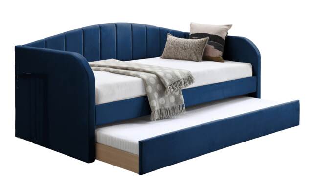 Blue Day Bed,Sofabed,Guest Trundle Fabric Upholstered Velour, Bed Frame Blue Single