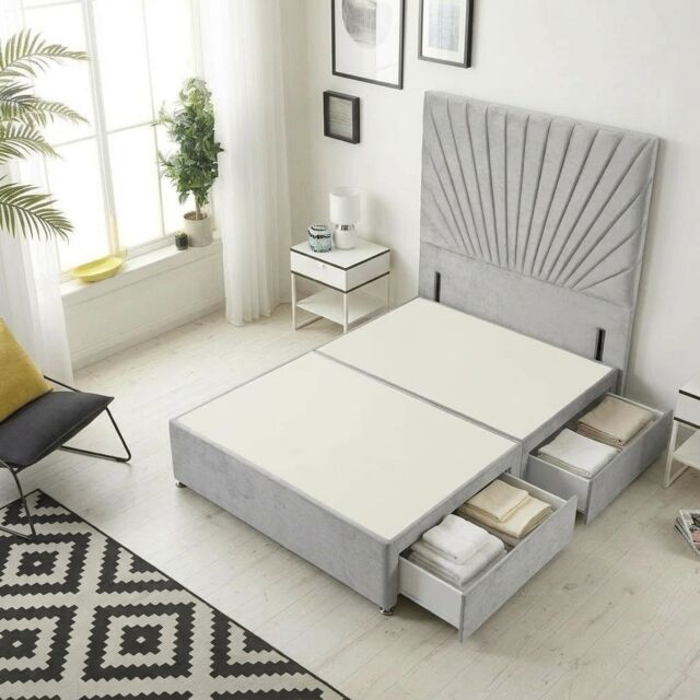 Sunburst Divan Bed with 2 Drawers & 54'' Floor Standing Headboard Plush Velvet Silver Silver