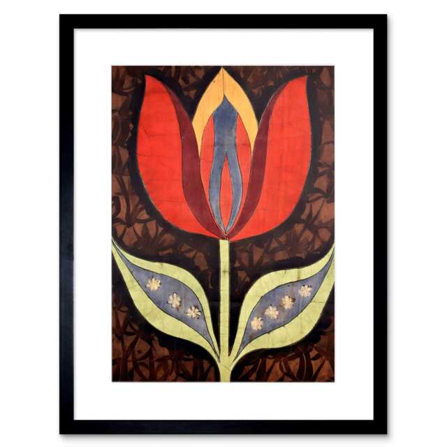 "Single Tulip Flower Batik Art Deco 9x7"" Black Framed Wall Art Print"