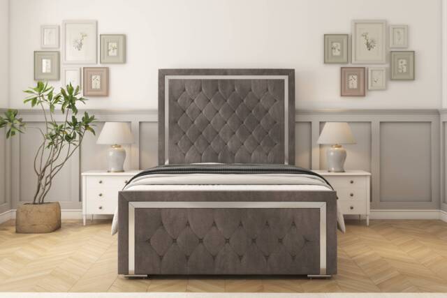 "Sloomy Sofia Chrome Slate Naples Bed Frame With 50"" Upholstered Headboard 6' Super King"