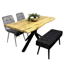 Dining Table with 2 Grey Velvet Chairs and Modern Black Bench Dining Room Furniture Set