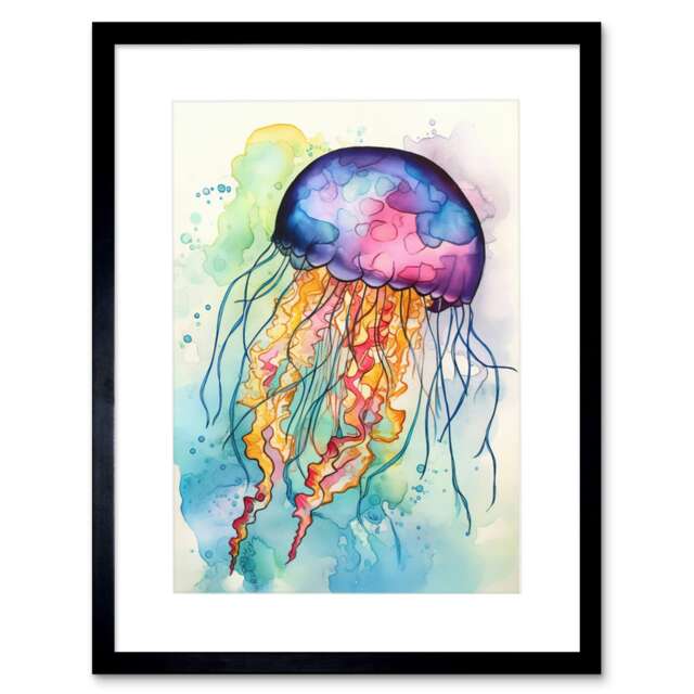 "Jellyfish Swimming Folk Art Watercolour Painting 9x7"" Black Framed Wall Art Print"