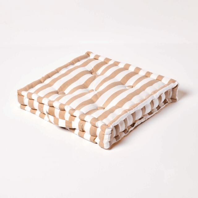 Homescapes Cotton Beige Thick Stripe Floor Cushion - 40 x 40 cm Cream Beige 40 x 40 cm