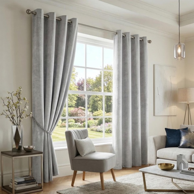 Velvet Thermal Blackout Eyelet Curtains Ready Made Pair - 117cm x 183cm - Silver