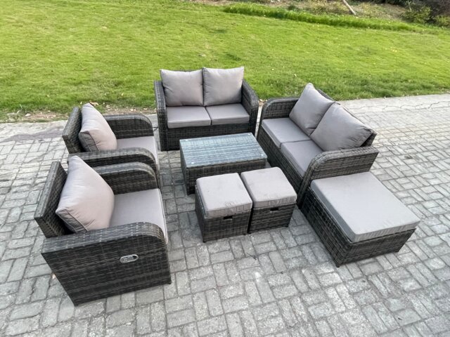 Fimous 9 Seater Rattan Garden Furniture Set Patio Outdoor Lounge Sofa Set with Rectangular Coffee Table 3 Footstools Love Sofa Dark Grey Mixed