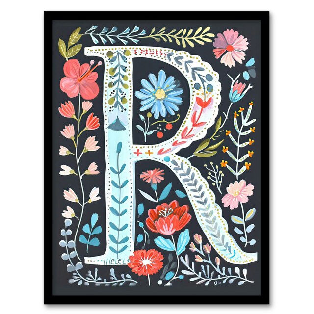 Letter R in Bright Watercolour Flowers Birthday Gift Mum Black Framed Wall Art Print A4