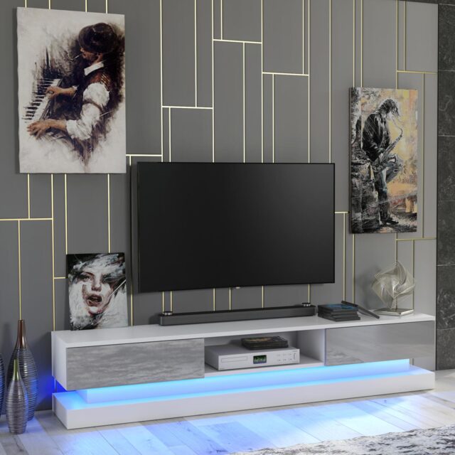 TV Unit TV Stand Media Cabinet Sideboard Grey High Gloss Doors LED 180cm