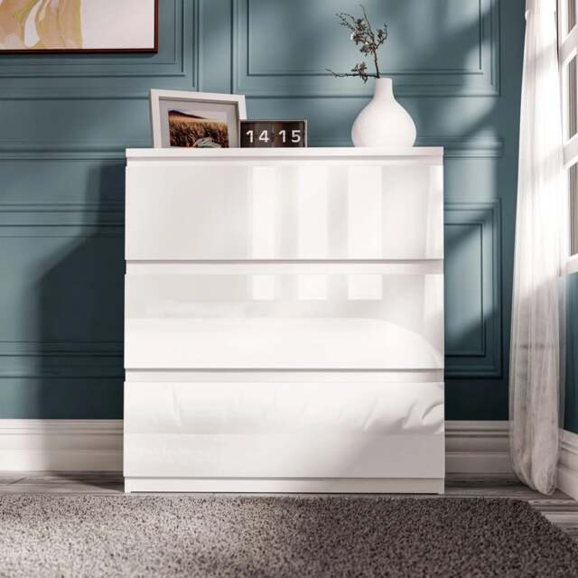 Keaton Gloss White 3 Drawer Wide Freestanding Chest Of Drawers (40 x 77 x 60cm - D x H x W) White White 1