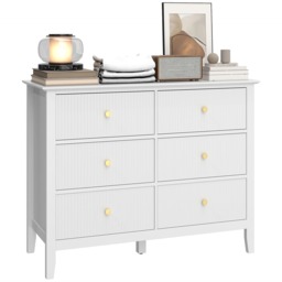 HOMCOM 6 Drawer Chest of Drawers, Fluted Dresser, Wide Modern Storage Unit for Bedroom, Living Room, Hallway, Wardrobe, White White