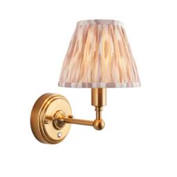 Burley Rechargeable Brushed Aged Brass Plate Wall Light with Neutral Print Fabric Ikat Shade 16cm Integrated LED