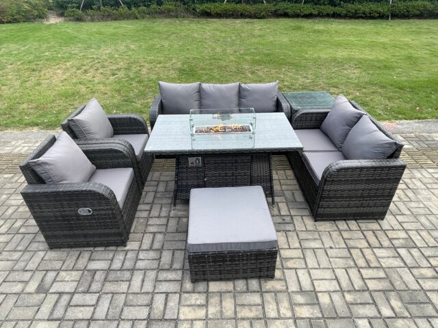 Fimous PE Wicker Outdoor Rattan Garden Furniture Set Propane Gas Fire Pit Table and Sofa Chair set with Side Table Big Footstool