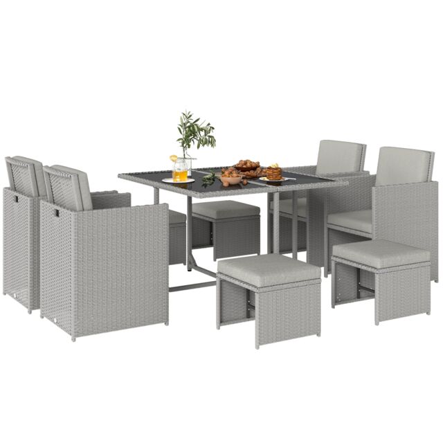 Outsunny 8 Seater Cube Rattan Garden Dining Set with Cushions, Light Grey Grey Light Grey One Size