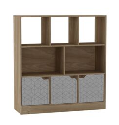 Asymmetrical 8 Cube Oak Freestanding Bookcase Shelf Storage Unit with 3 Doors Grey Geo Design Doors - Grey 1