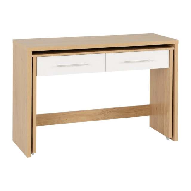 Seville 2 Drawer Slider Desk - White Gloss - Light Oak Effect Veneer