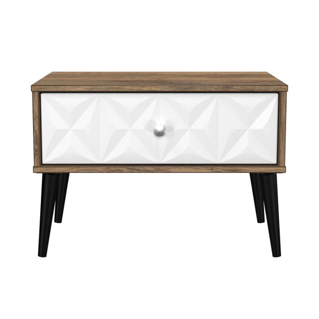 Toledo 1 Drawer Wide Bedside Table in White Matt & Vintage Oak (Ready Assembled) White White Matt & Vintage Oak