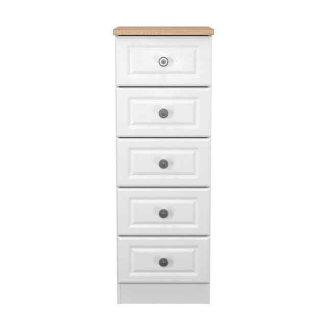 Surrey 5 Drawer Tall Bedside Cabinet in White Ash & Bardolino Oak (Ready Assembled) White White Ash & Bardolino Oak