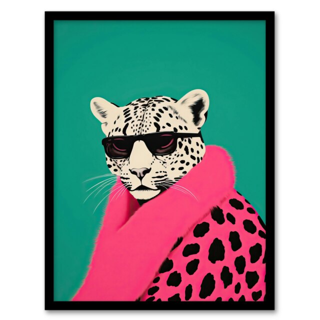 Fashion Cheetah Vibrant Teal Hot Pink Colour Block Black Framed Wall Art Print A4