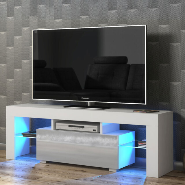 TV Stand TV Unit Cabinet Sideboard Grey High Gloss Doors Free LED 130cm