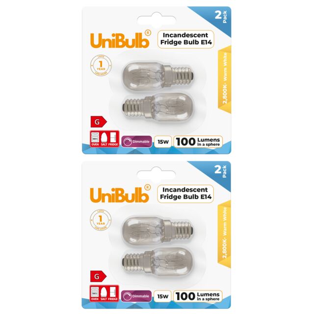 UniBulb Fridge / Oven / Salt Lamp Pygmy E14 Small Edison Screw (SES) 100lm 15W 2800K (Warm White) Incandescent Dimmable Light Bulbs - Pack of 4