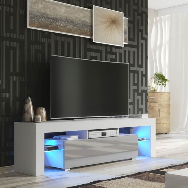 TV Unit Cabinet Stand 160cm White Grey Gloss Storage Modern LED Entertainment Centre