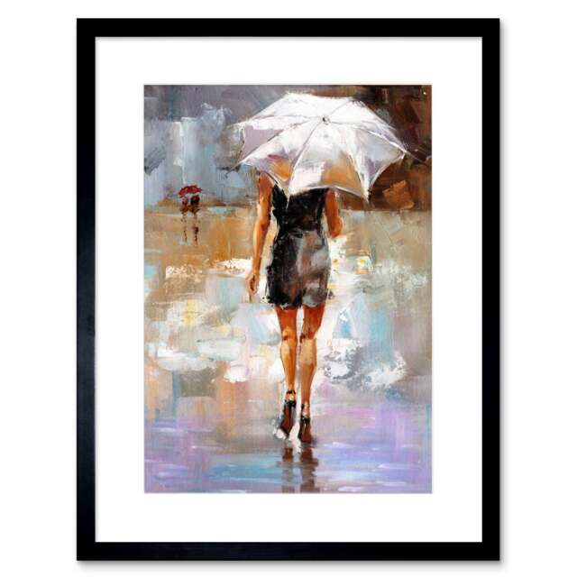 "Paris Rain Woman With Umbrella Oil Painting 9x7"" Black Framed Wall Art Print"