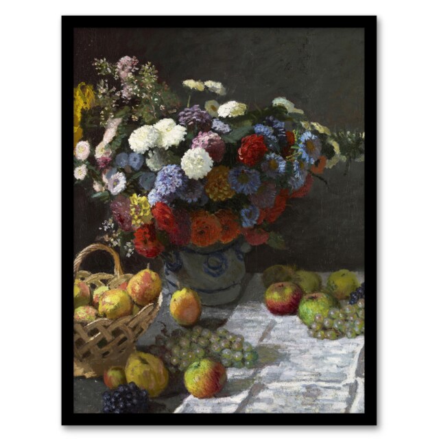 "Still Life with Flowers and Fruit Monet Vintage Framed Wall Art Print 12X16"""