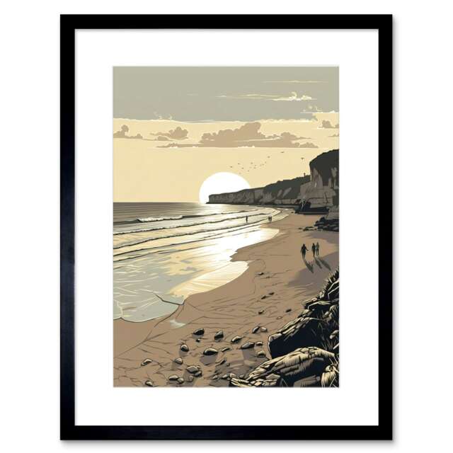 "Sunrise Walk Filey Beach Coastal 9x7"" Black Framed Wall Art Print"