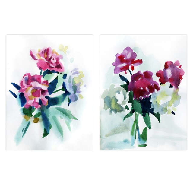 Set of 2 Spring Flower Pink White Bouquet in Glass Vase Floral Watercolour Painting Wall Art Prints 12x16 Inch