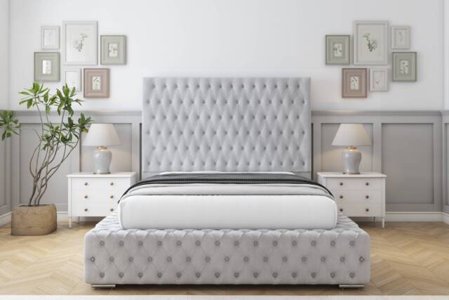 "Sloomy Ambassador Silver Naples Bed Frame With 50"" Upholstered Headboard 2'6 Small Single"